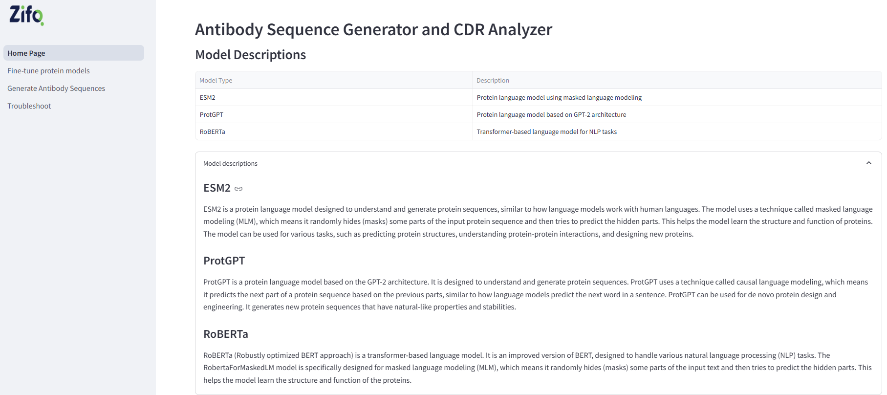 Antibody sequence generator model descriptions